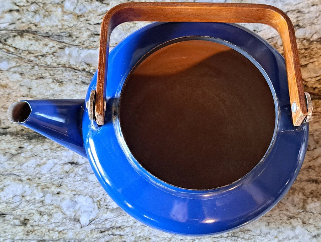 Vintage MCM Retro BLUE Enamelware 5” Tea Kettle Pot Bent Wood Handle | eBay
