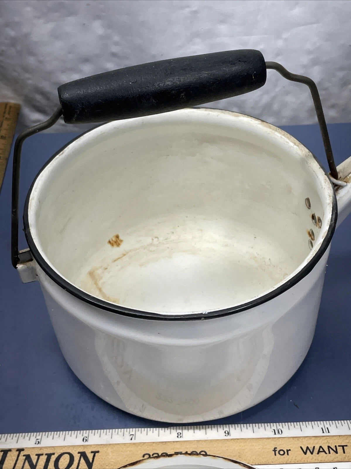Vintage Enamel Wood Handle Tea Pot/Tea Kettle in White with Black | eBay