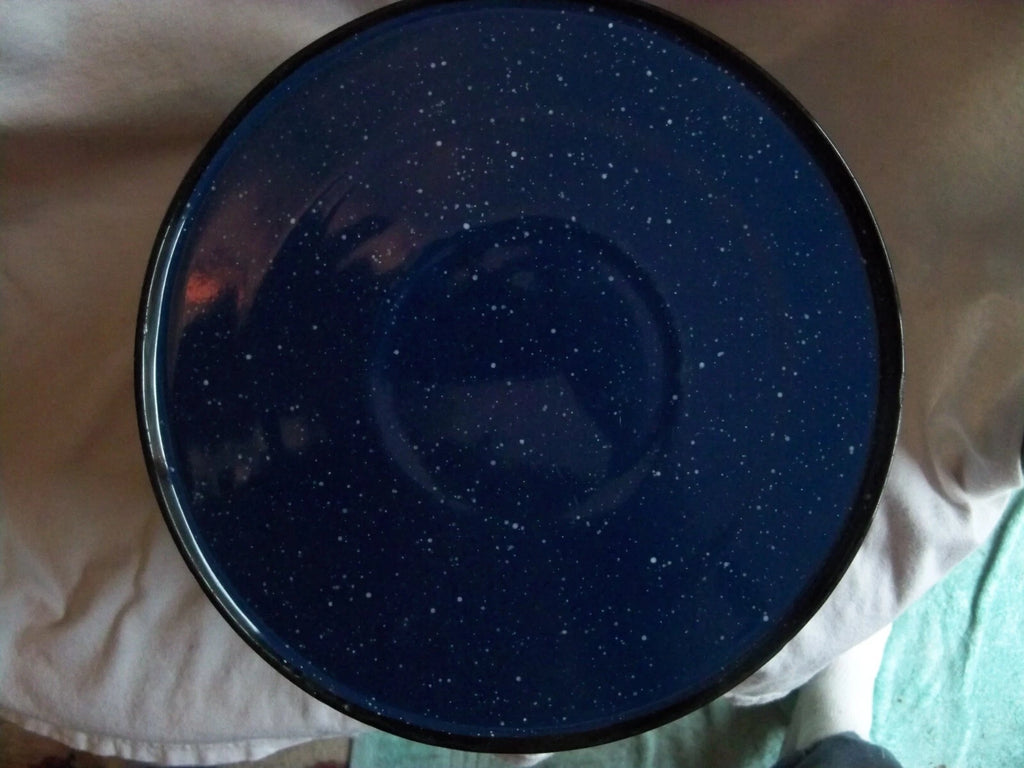 Vtg Blue White Speckled Enamelware Teapot kettle, wire wrap handle, from auction