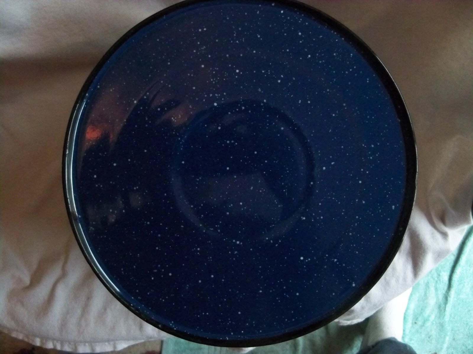 Vtg Blue White Speckled Enamelware Teapot kettle, wire wrap handle, from auction