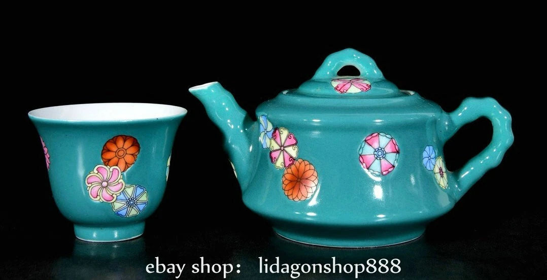 10.3" Yongzheng Marked Enamel Blue Porcelain Flower Pattern Teapot Cup Plate Set | eBay