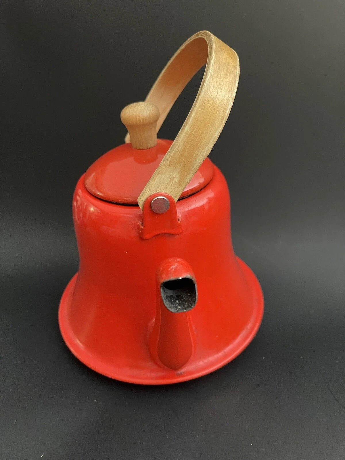 Vtg Red Enamel Coffee /Tea Pot/Kettle With Wood Handle