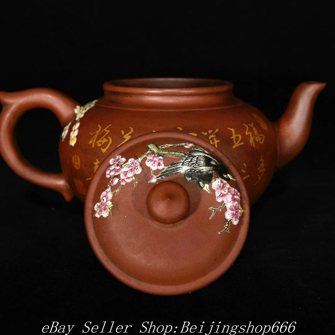 6.4" Marked Chinese Zisha Colour enamels Porcelain Flower Handle Kettle Teapot