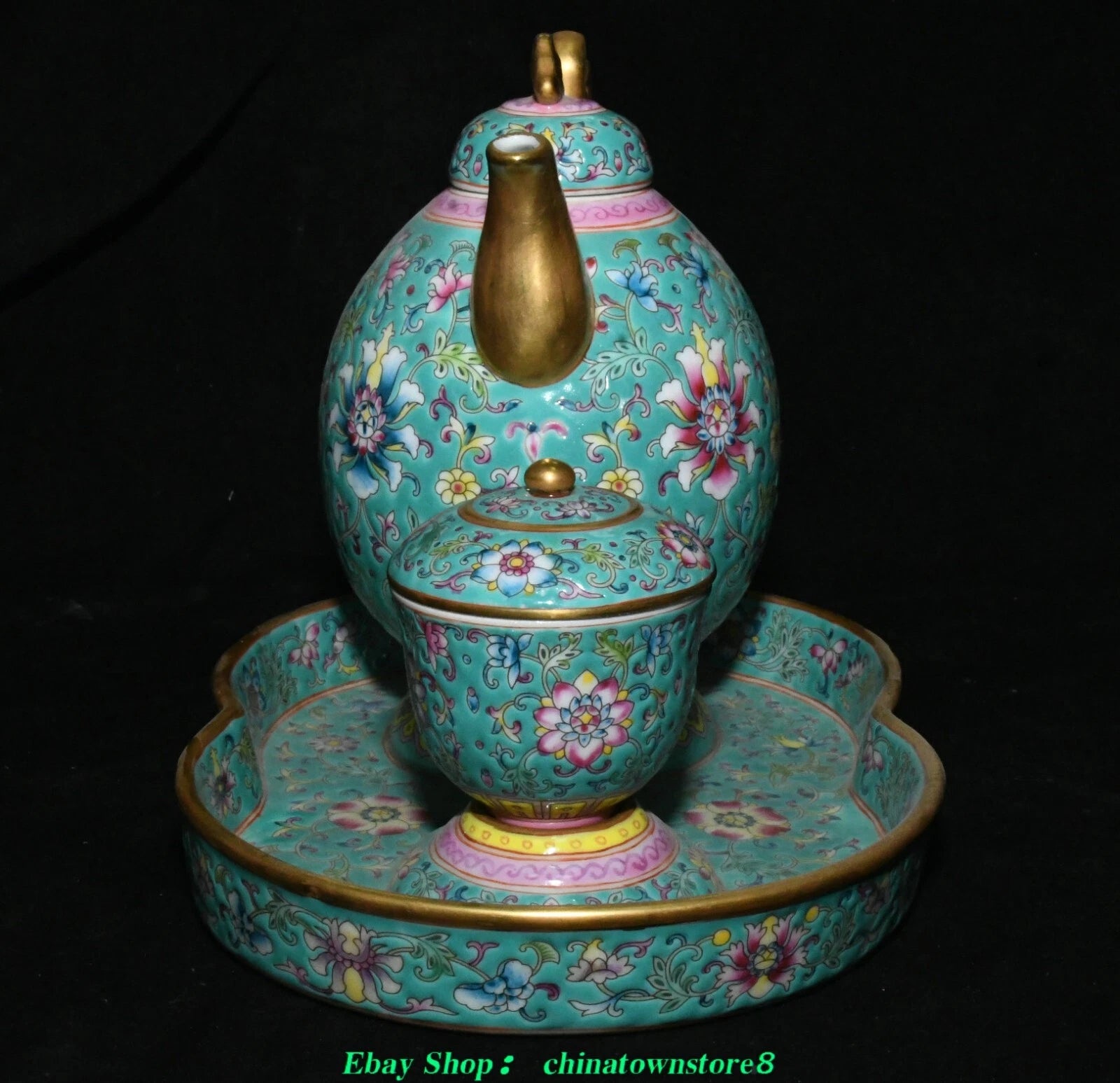 Old Qing Dynasty Enamel Colour Porcelain Gilt Flower Wine Tea Pot Flagon Set