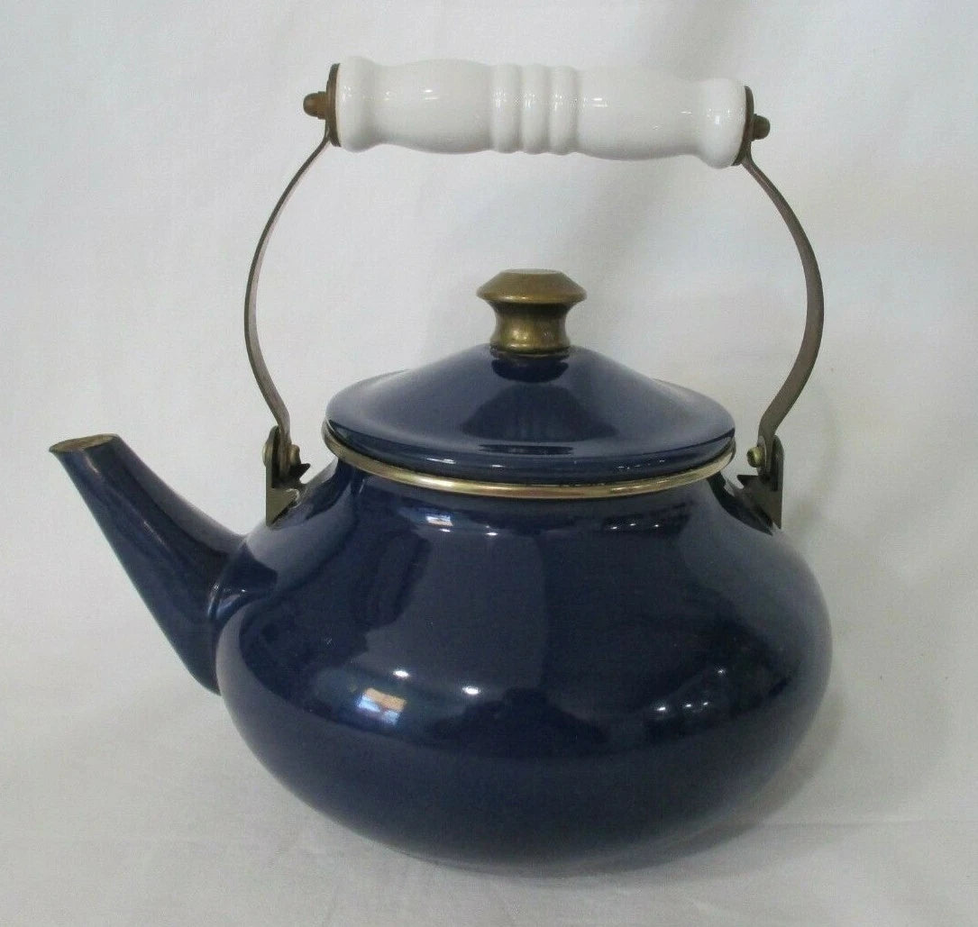 Cobalt Blue Enamel Brass White Porcelain Vintage Tea Kettle w/Lid GUC No Whistle