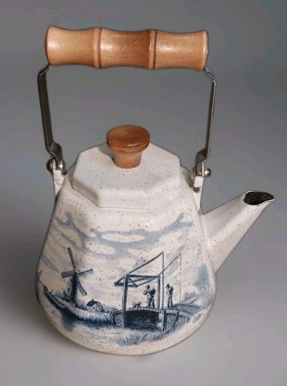 Vintage Enamel Teapot, Blue White Coastal Chinoiserie, Delft Style Wooden Handle