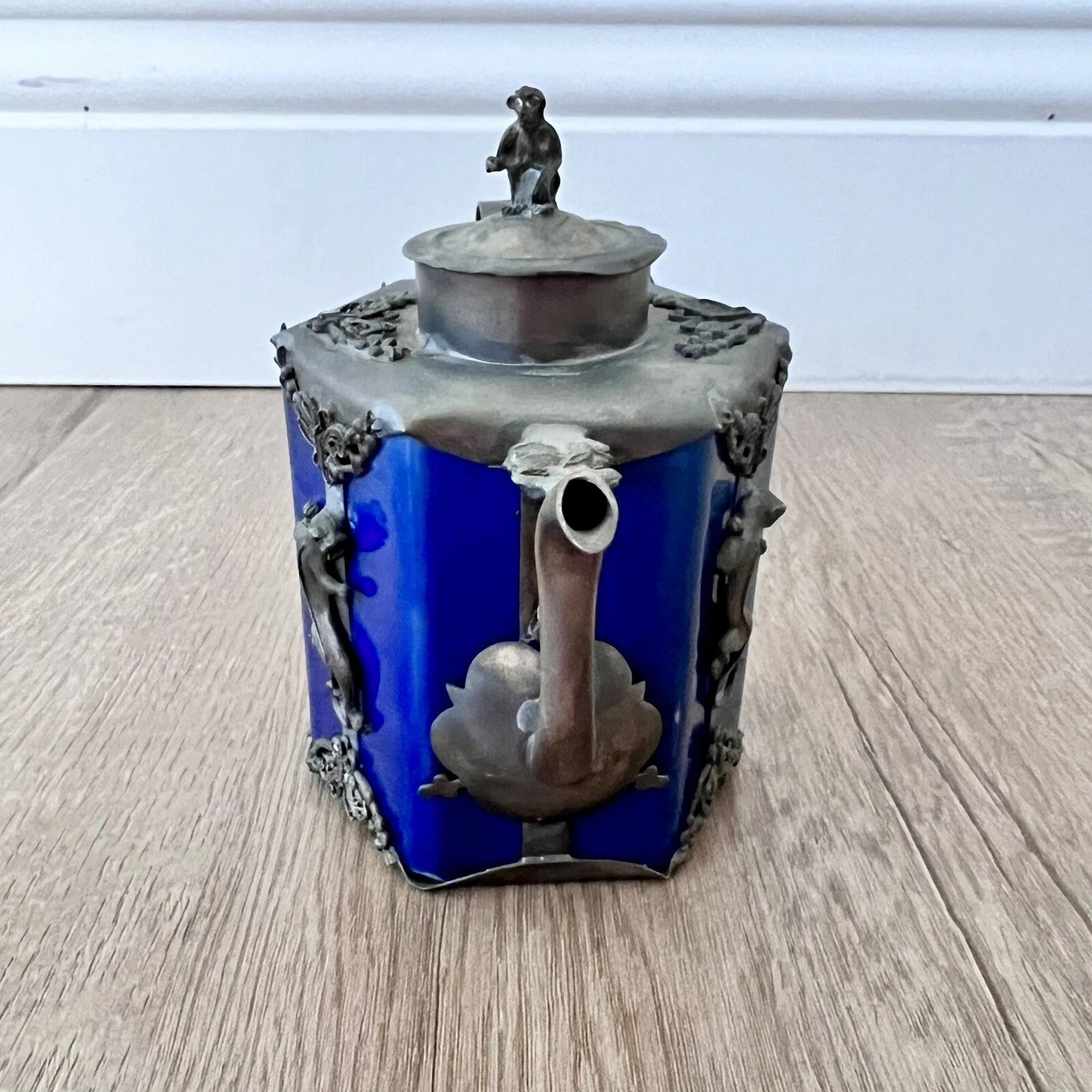 Vintage Chinese Silver Blue Enamel Ceramic Monkey Tiger Frog Tea Pot Deco Marked