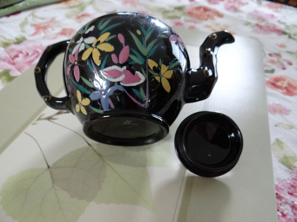 Vintage Black Tea Pot Hand Painted Enameled Flowers England Red Clay | eBay