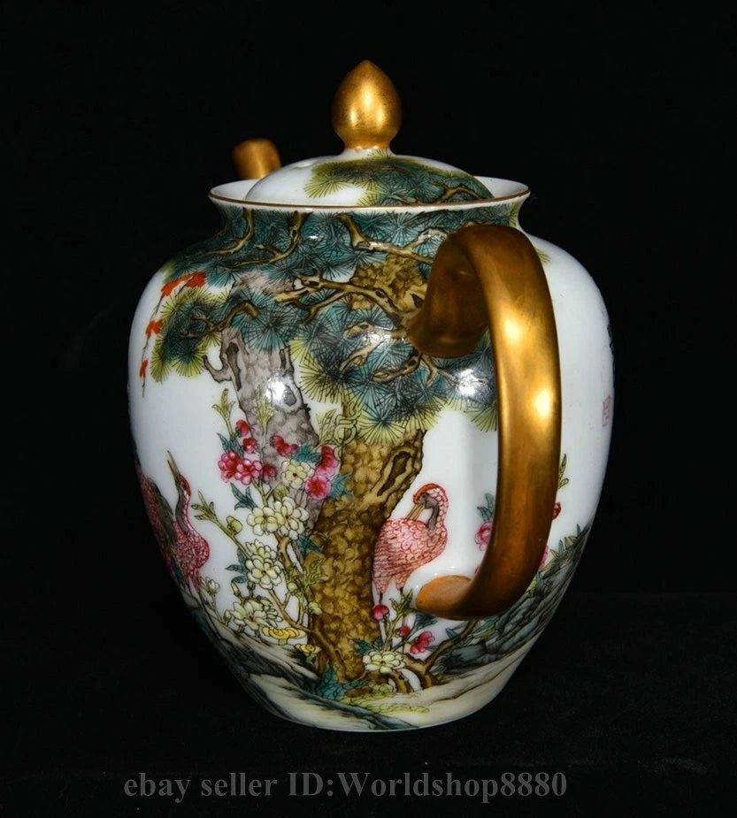 6.4"Yongzheng Marked Enamel Porcelain Gilt Flower Birds Tree Pattern Wine Teapot