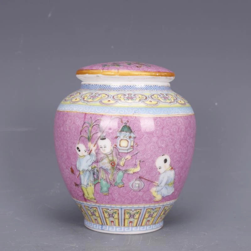 4.3" Chinese Qing Colour Enamels Porcelain Child Have Fun Caddy Tea Pot