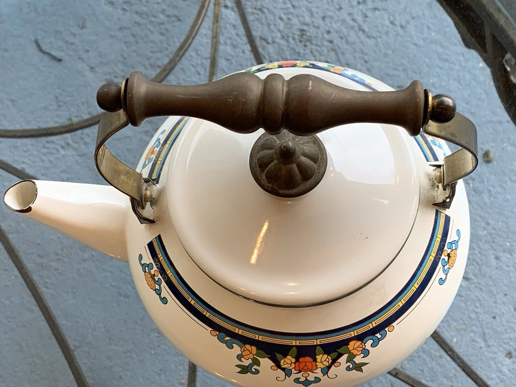Vintage Lincoware Off White Enamel Metal Flower Motif Teapot Kettle Brass Handle