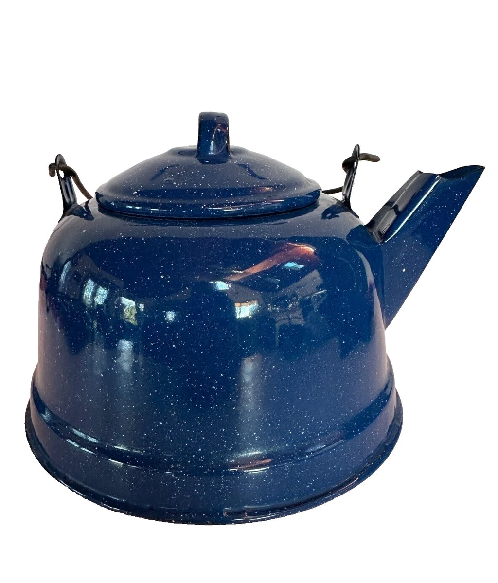 Vtg Blue w-White Speckled Enamelware Teapot Kettle w-Wire Wrap Coil Handle