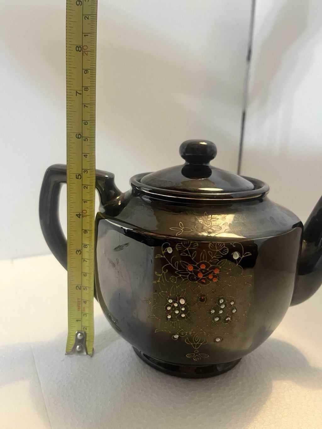 Vintage Japanese Teapot W/Lid Black & Gold Enamel Hand Painted 6 X 8.5 Teapot