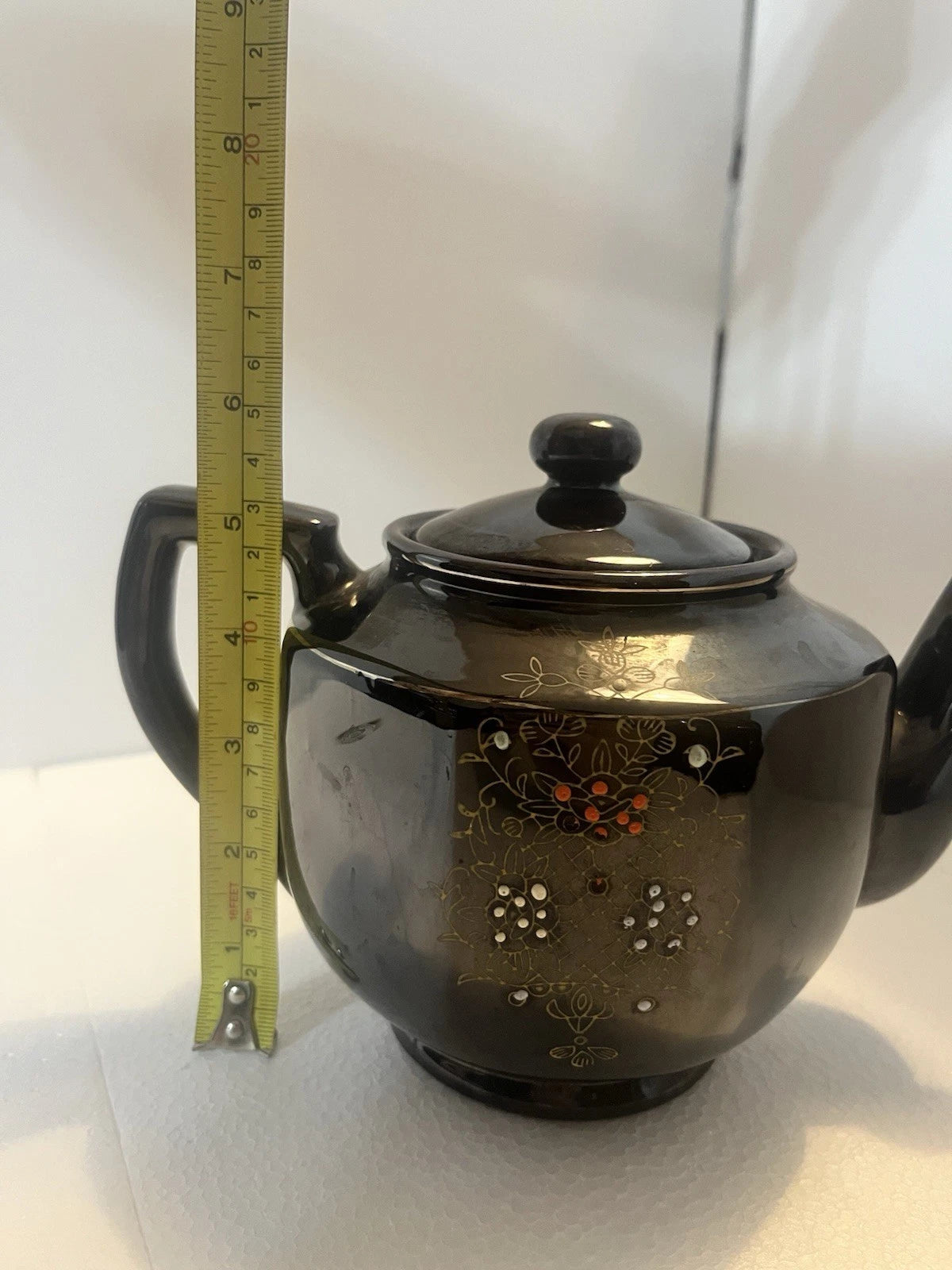 Vintage Japanese Teapot W/Lid Black & Gold Enamel Hand Painted 6 X 8.5 Teapot