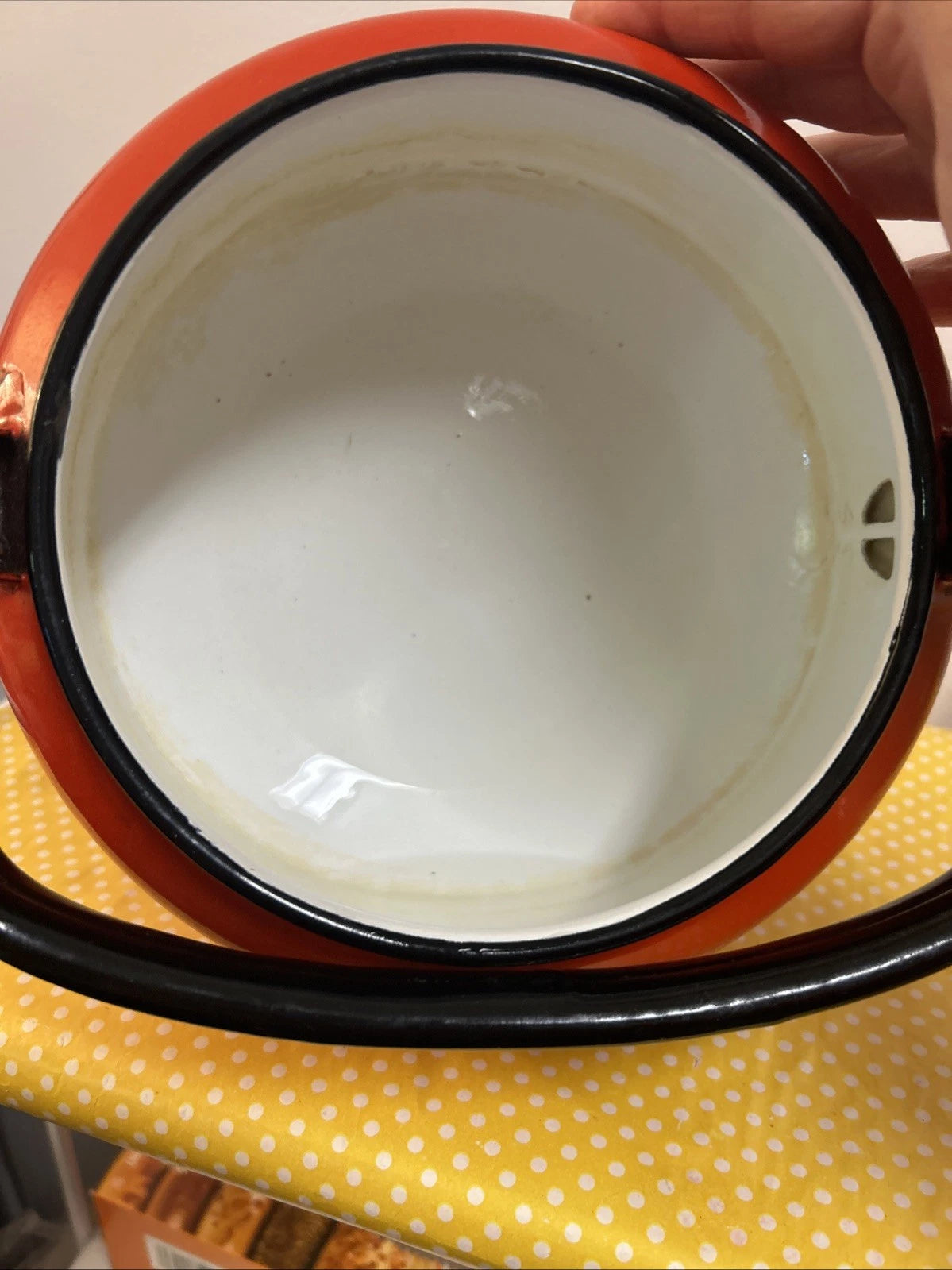 Vintage Orange Black Enamelware Tea Pot Kettle Mod Kitchen Retro 2.5QtPoland MCM