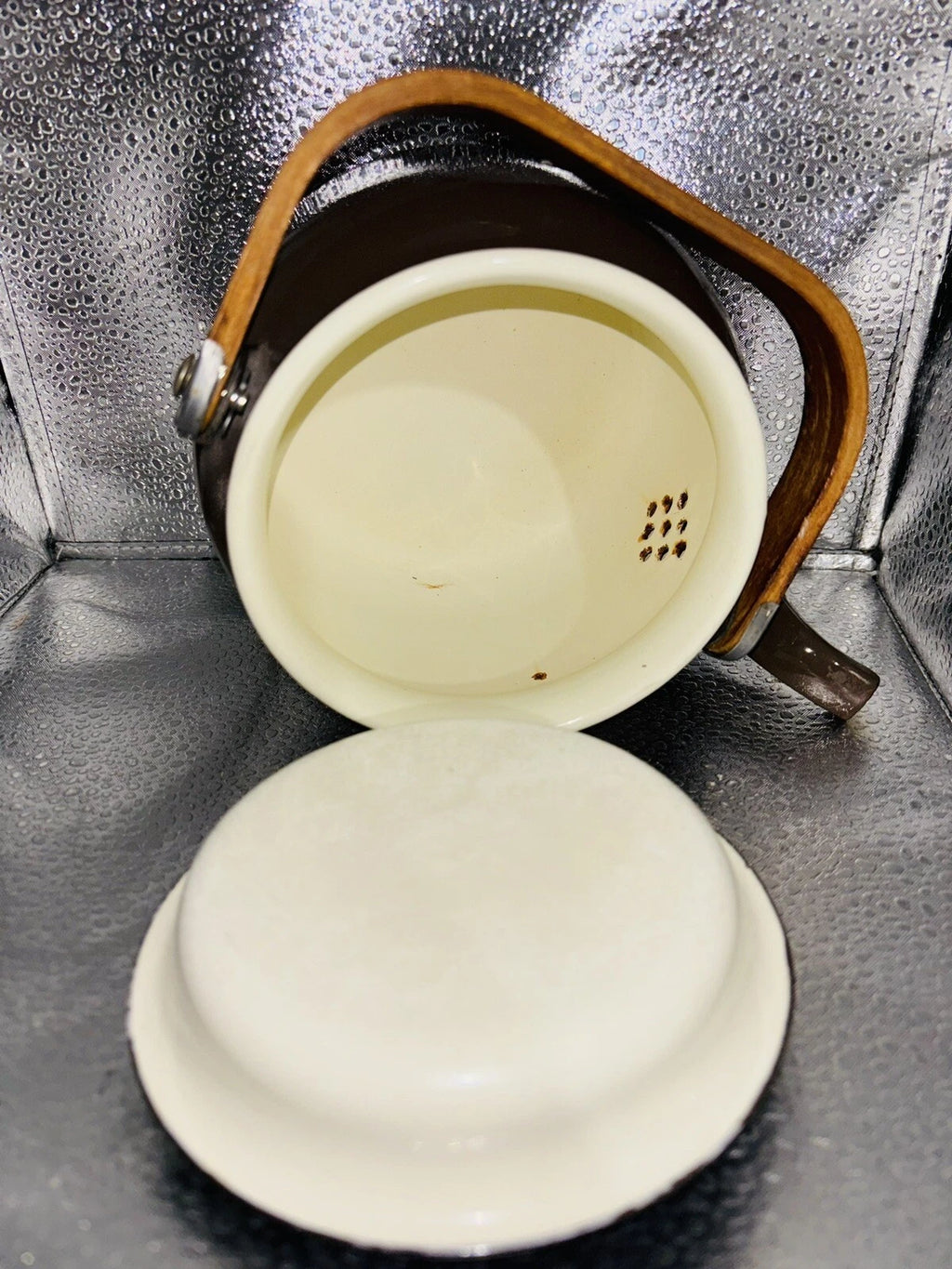 Vintage Small Brown  Enamelware Tea Pot Kettle Wood Handle 6.5" x 4.75"