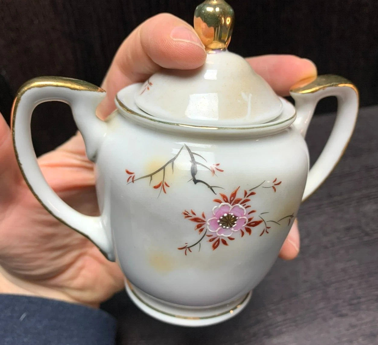 VTG JAPANESE FLORAL TEA COFFEE POT / SUGAR / CREAMER Enamel Detail, Gold Trim