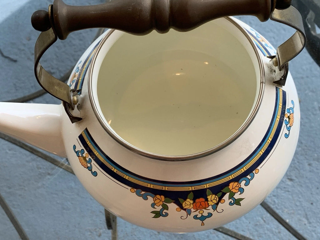 Vintage Lincoware Off White Enamel Metal Flower Motif Teapot Kettle Brass Handle