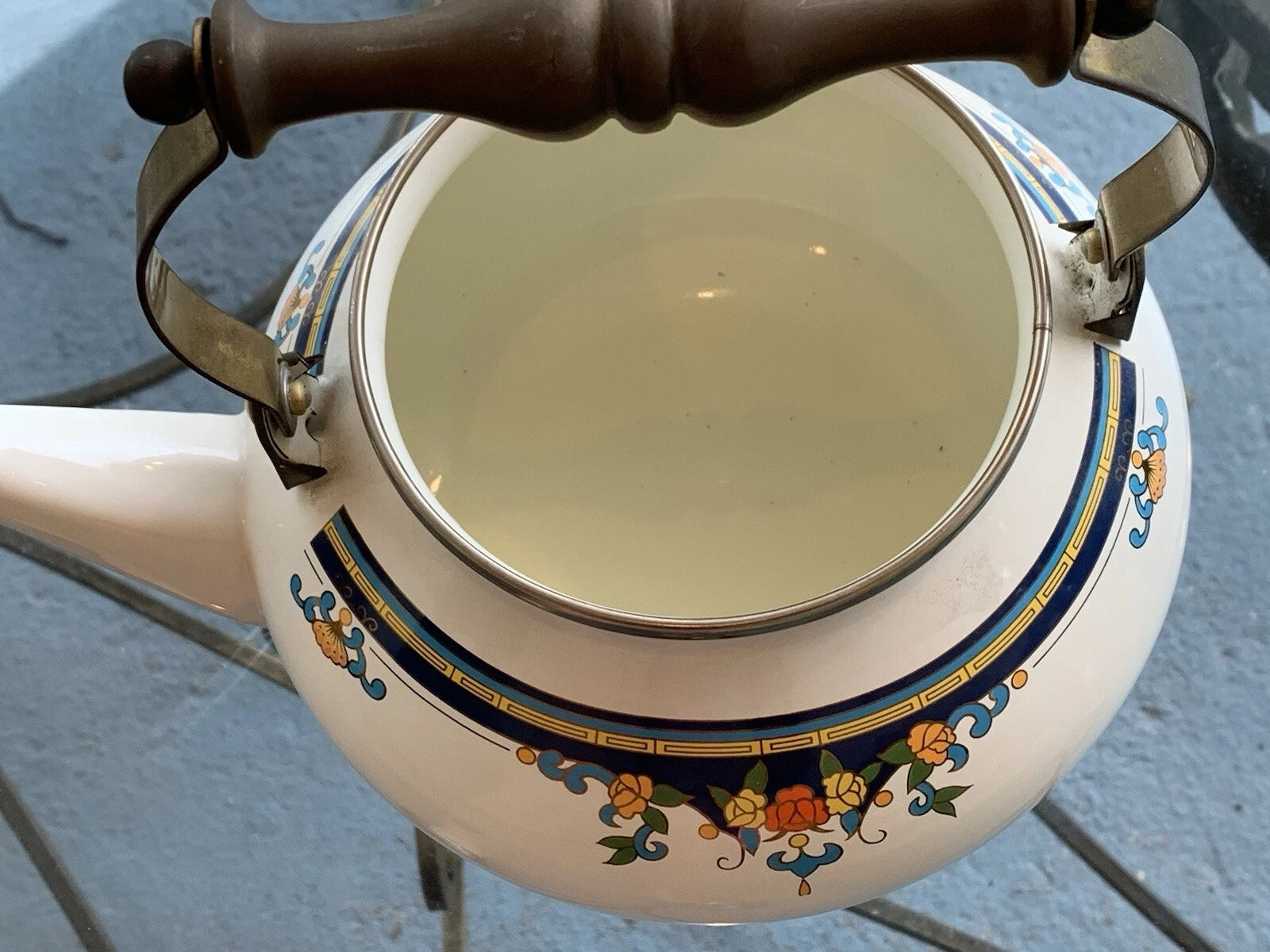Vintage Lincoware Off White Enamel Metal Flower Motif Teapot Kettle Brass Handle