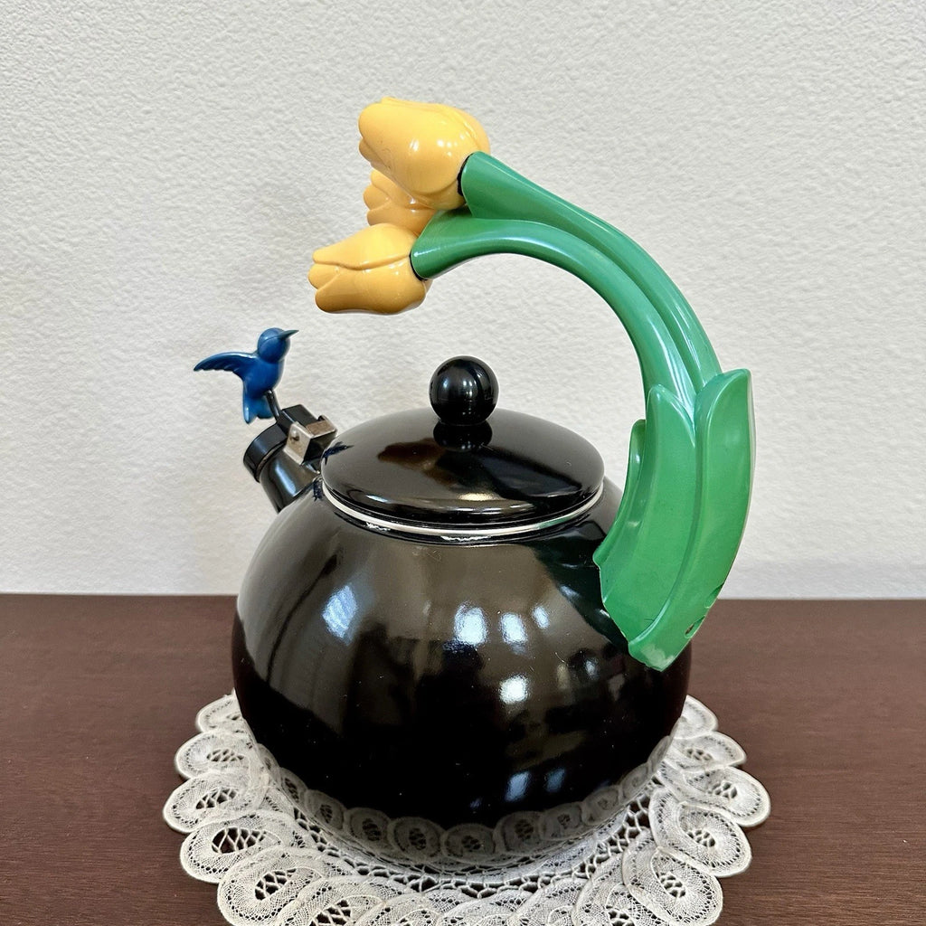 Vintage Ancona RARE Black Enamel Whistling Tea Kettle Tulip & Hummingbird 90s | eBay