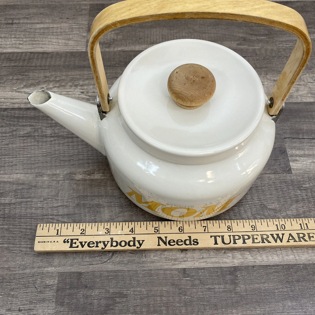 Vintage Beige Enamel Ware Mom Tea Pot Kettle Wood Handle Retro MCM Mother’s Day
