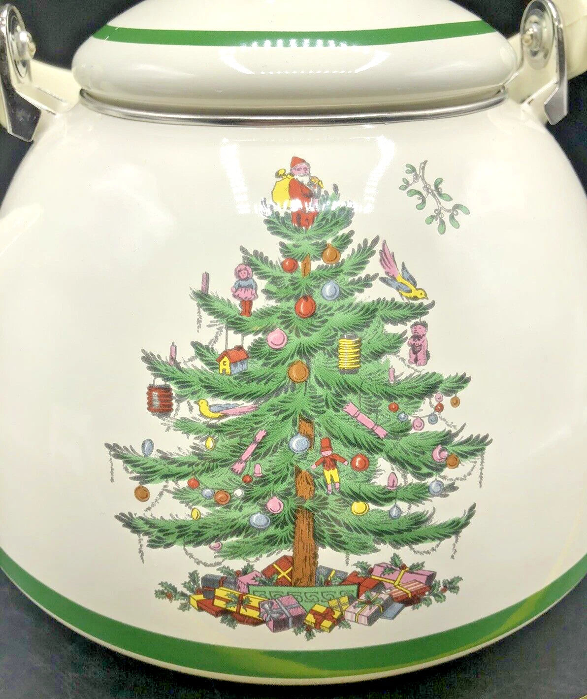 SPODE Christmas Tree Enamel On Steel Tea Kettle w Swing Handle Teapot Vtg