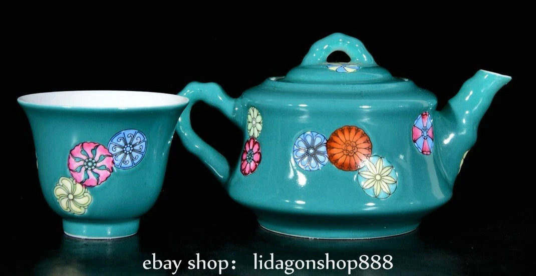 10.3" Yongzheng Marked Enamel Blue Porcelain Flower Pattern Teapot Cup Plate Set | eBay