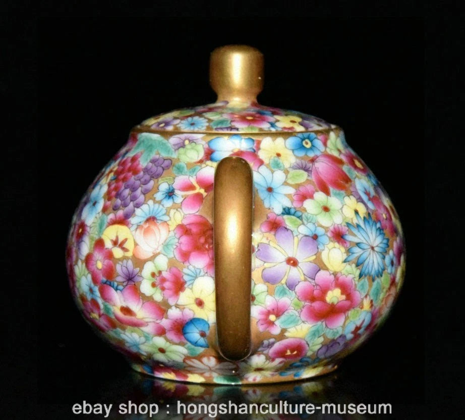 5.2" Old Chinese Qianlong Marked Enamel Porcelain Flower Grape Teapot