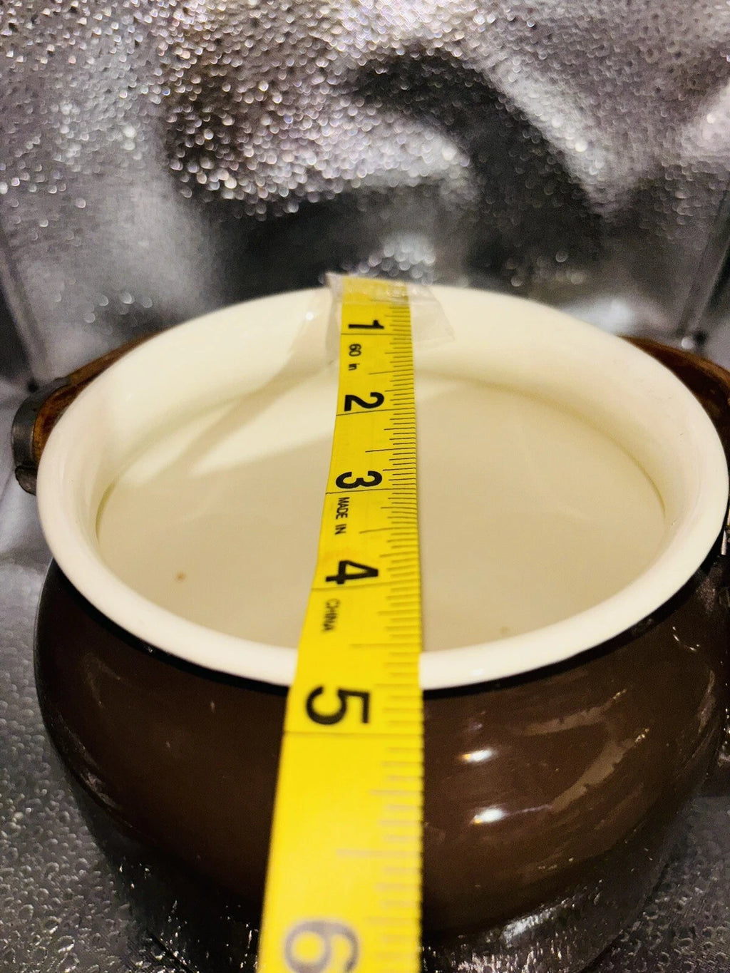 Vintage Small Brown  Enamelware Tea Pot Kettle Wood Handle 6.5" x 4.75"