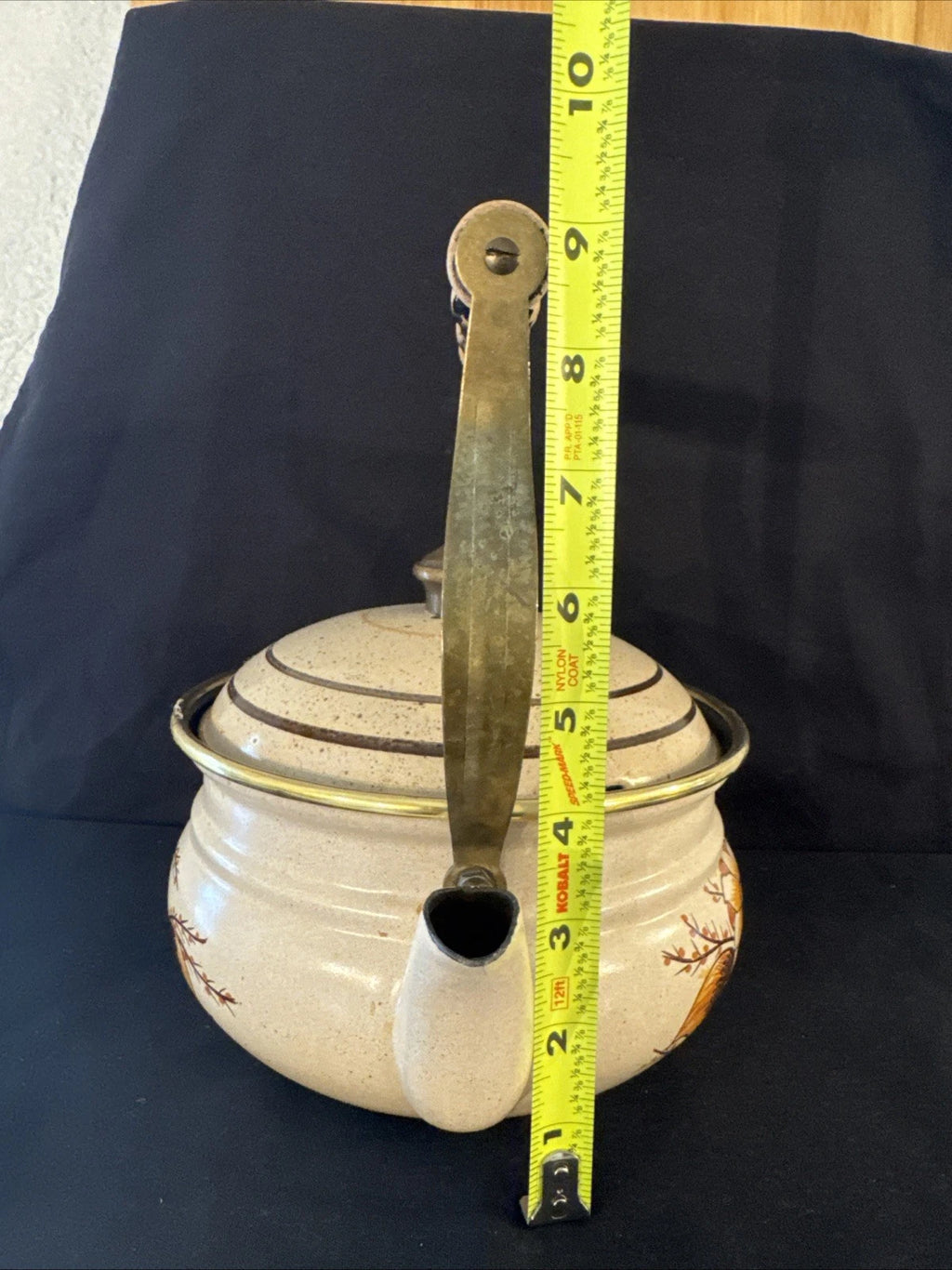 Vtg 80s ASTA Enamelware Tea Kettle Teapot Floral w/ Wood Brass Handle Germany