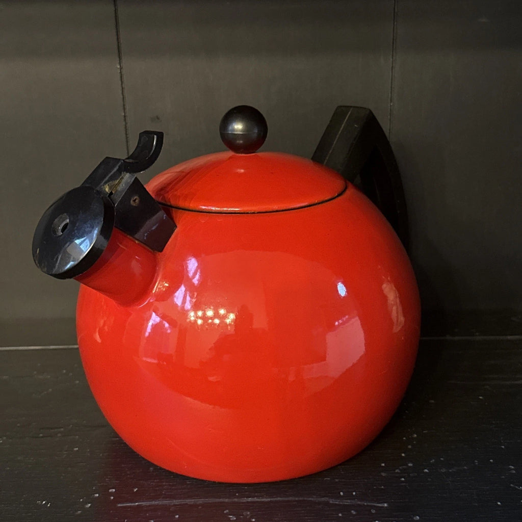 Vintage Red Enamel Tea Kettle Copco Tea Pot Black Handle MCM
