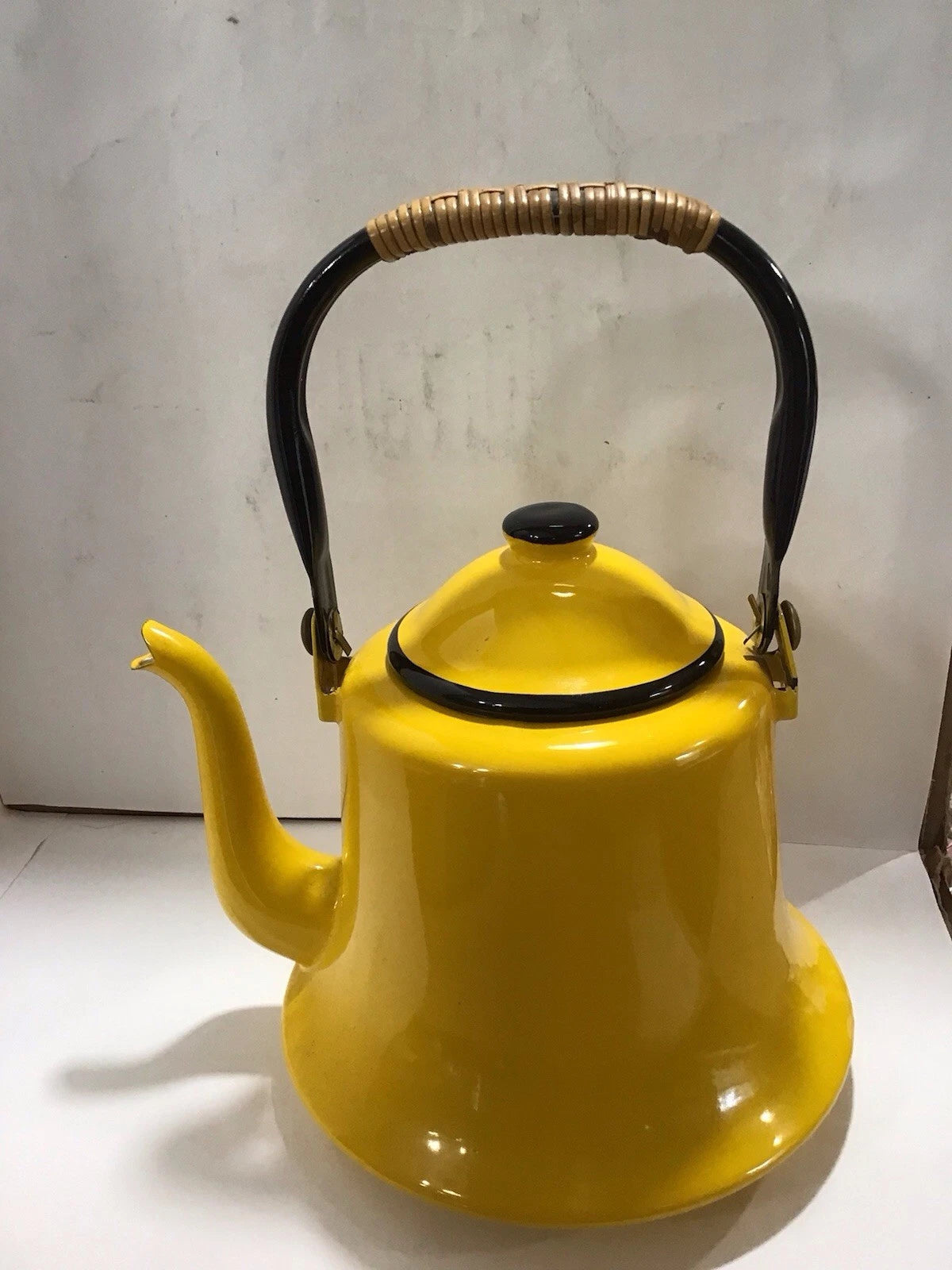 Vintage Yellow Enamelware Teapot Kettle Bamboo Wrapped Handle Japan MCM Retro | eBay