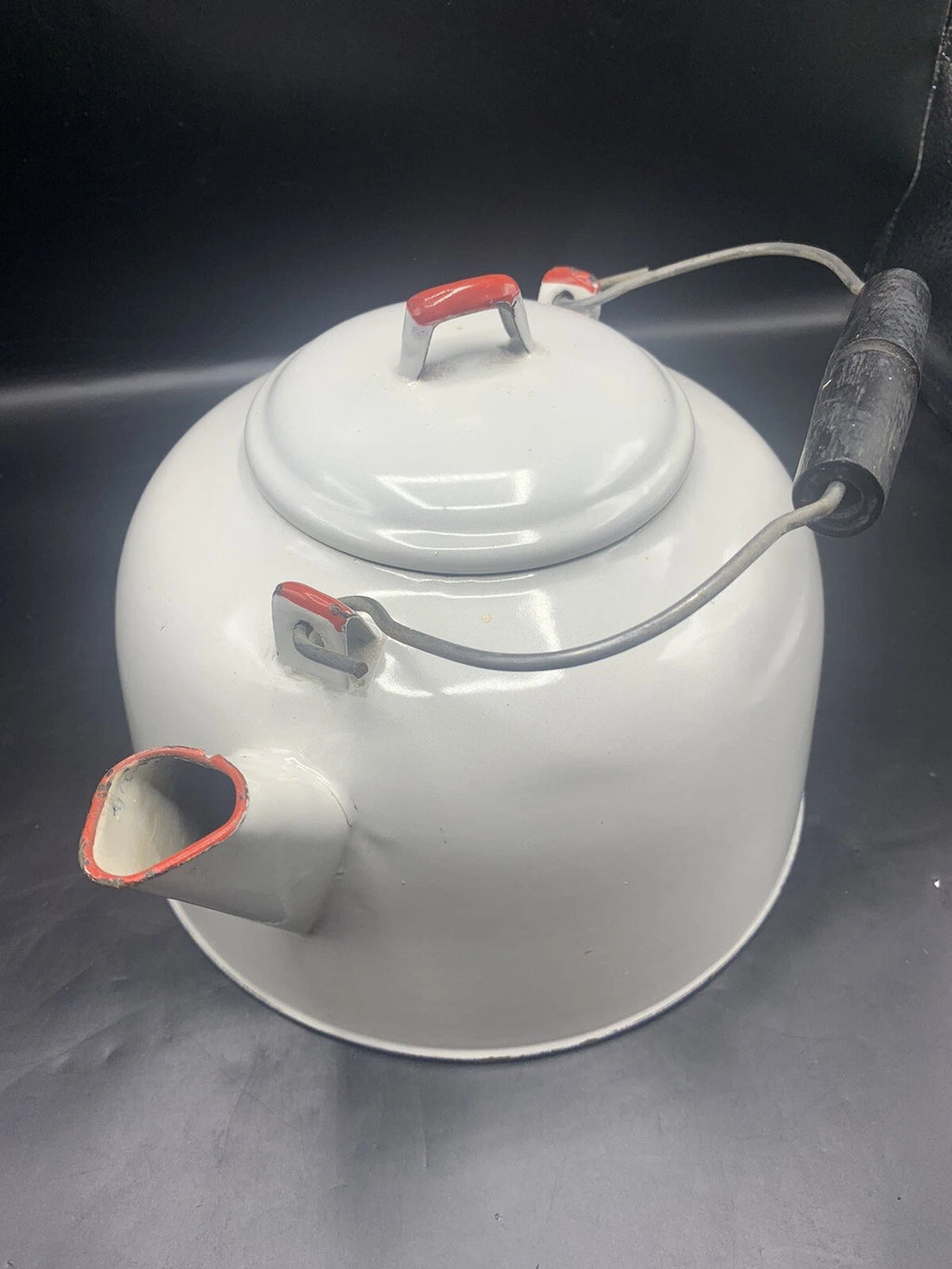 Vintage Large White Red Enamel TeaPot Water Kettle Wood Handle 9” Bottom | eBay