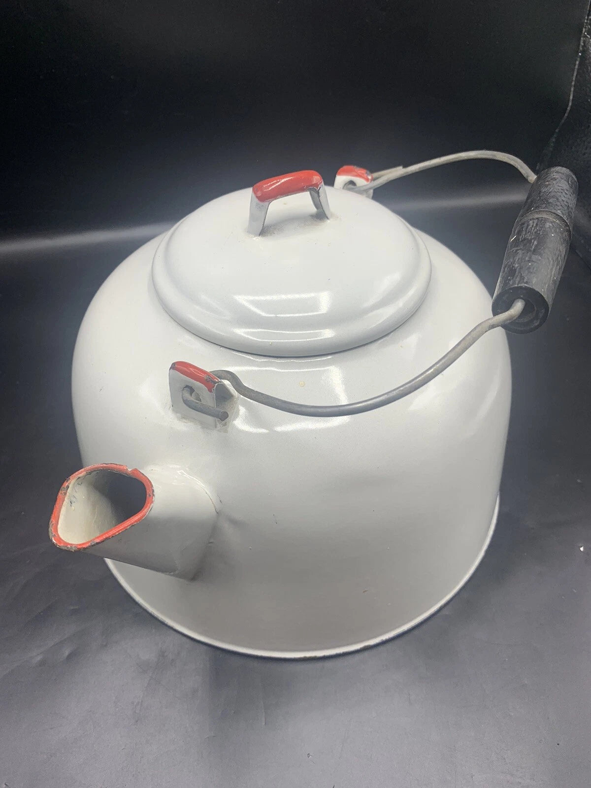 Vintage Large White Red Enamel TeaPot Water Kettle Wood Handle 9” Bottom | eBay