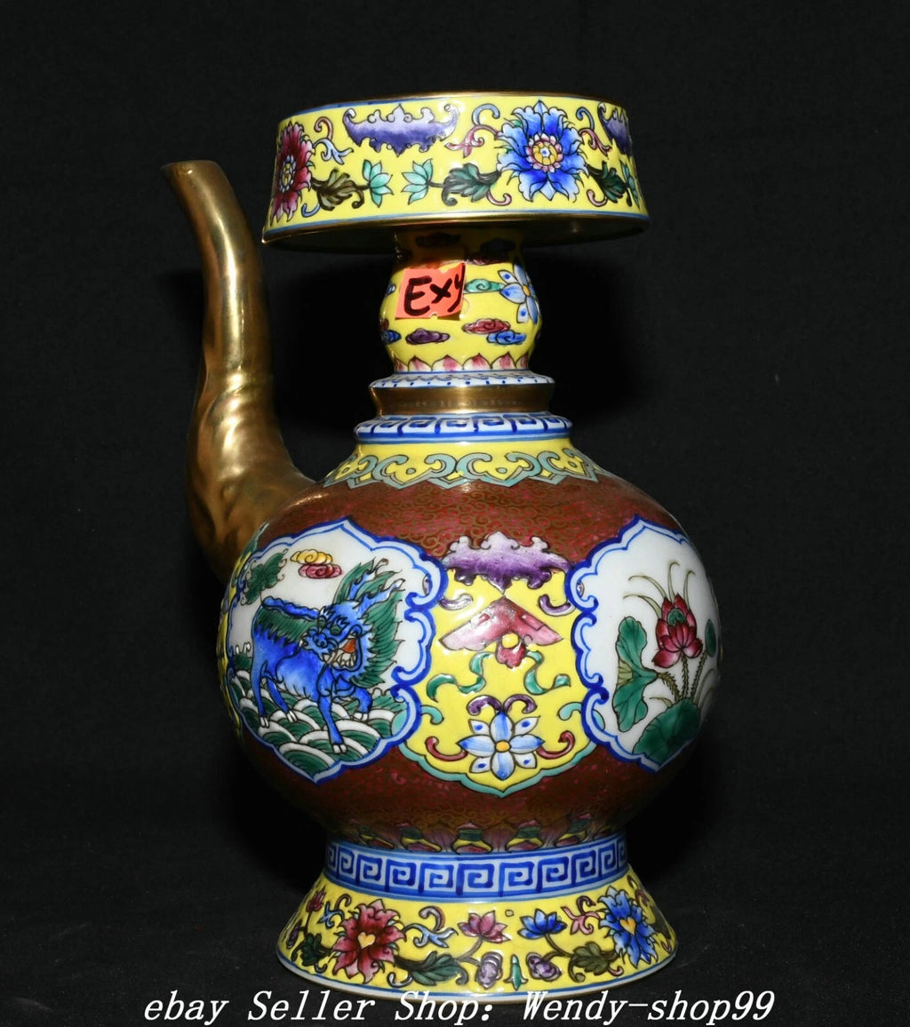 8" Qianlong Colour Enamel Porcelain Gilt Dragon Qilin Lotus Wine Tea Pot Flagon