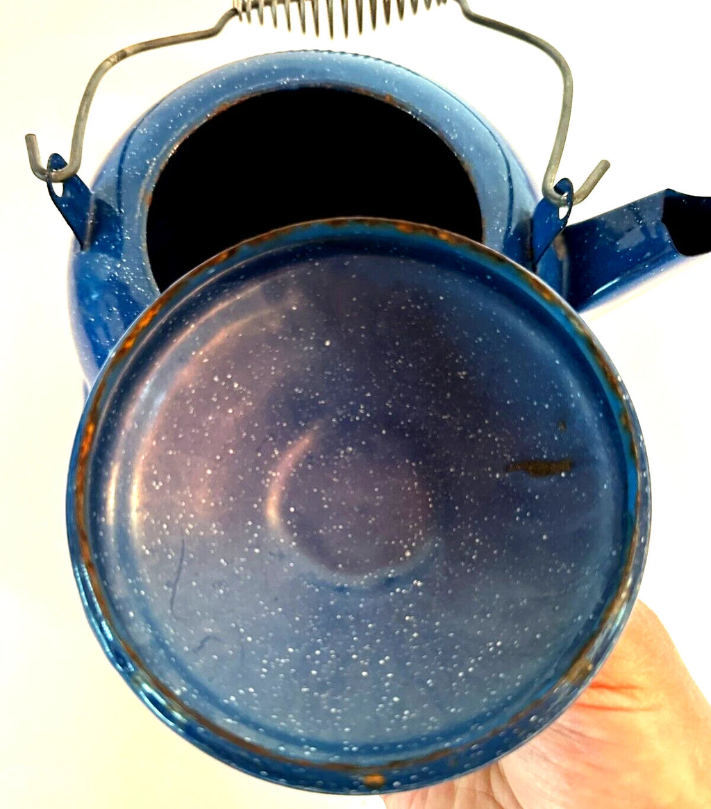 Vtg Blue w-White Speckled Enamelware Teapot Kettle w-Wire Wrap Coil Handle