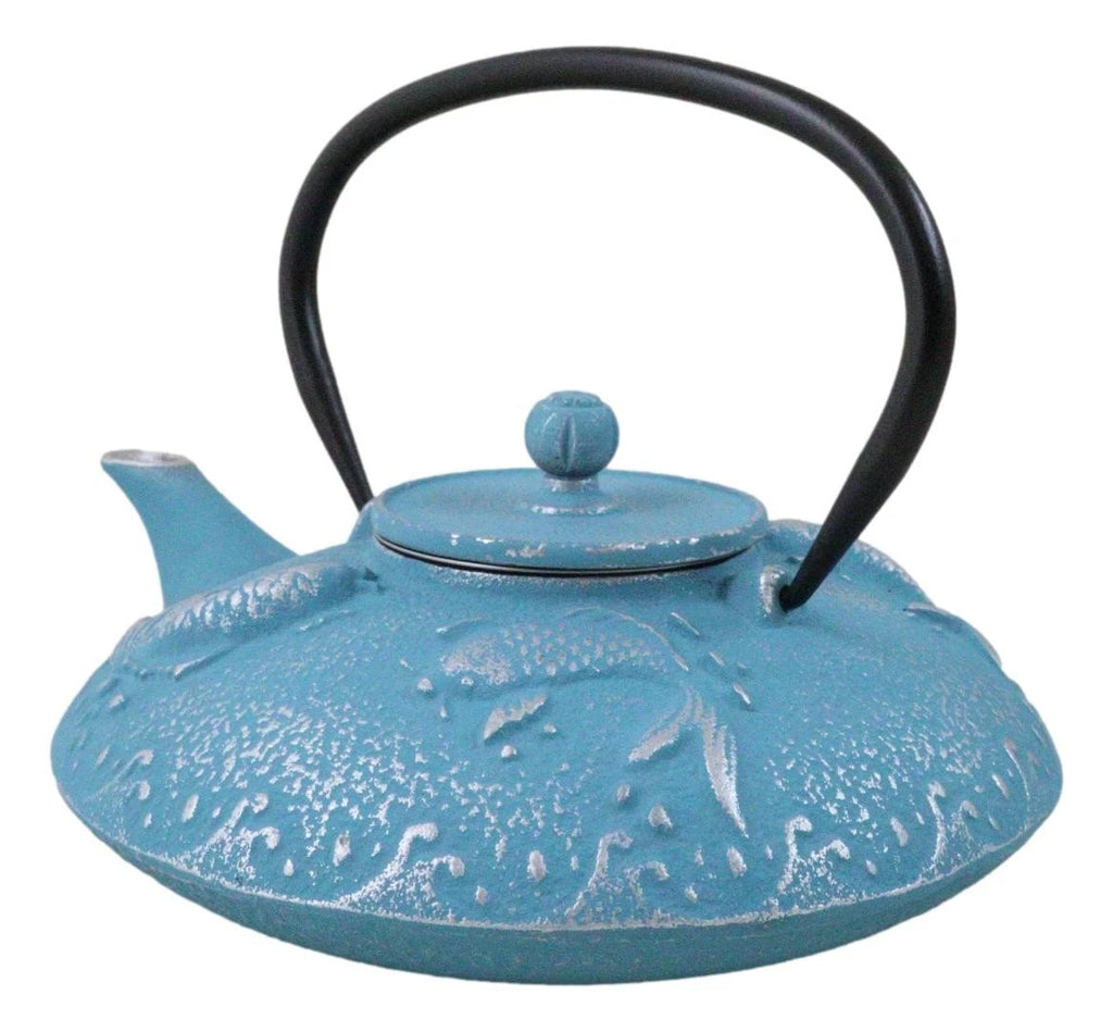 Turquoise Blue Auspicious Koi Fishes Cast Iron Tetsubin Teapot With Enamel Liner | eBay