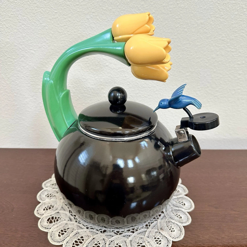 Vintage Ancona RARE Black Enamel Whistling Tea Kettle Tulip & Hummingbird 90s | eBay