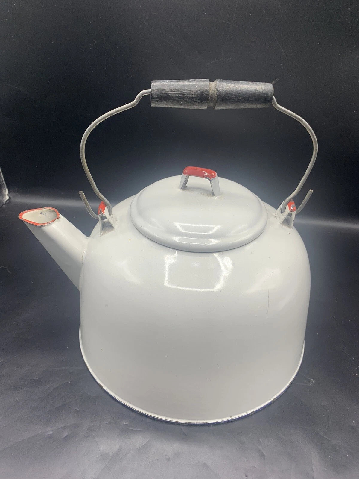 Vintage Large White Red Enamel TeaPot Water Kettle Wood Handle 9” Bottom | eBay