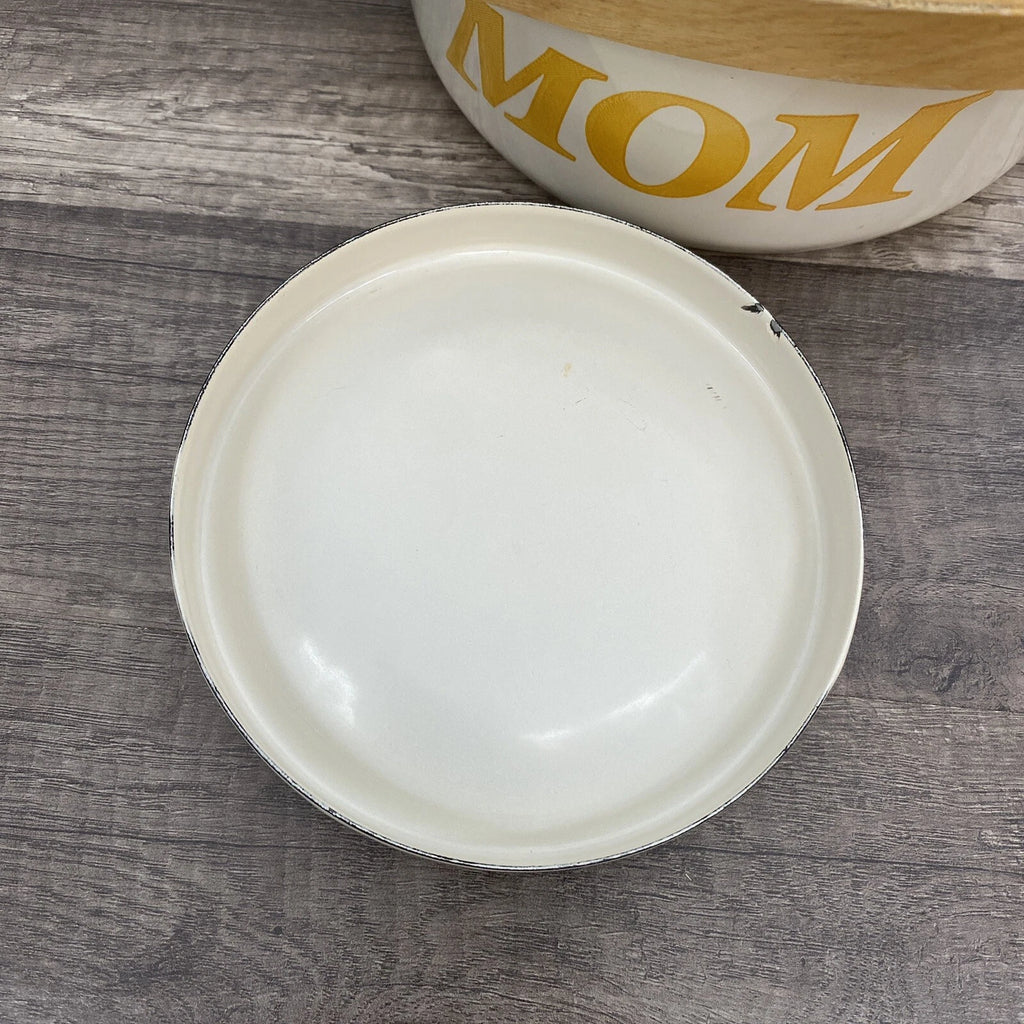 Vintage Beige Enamel Ware Mom Tea Pot Kettle Wood Handle Retro MCM Mother’s Day