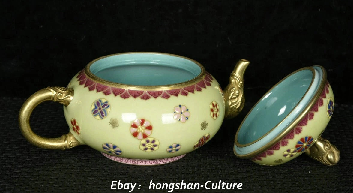 Old Qing Enamel Colour Porcelain Gold Foo Fu Dog Lion Elephant Teapot Teakettle