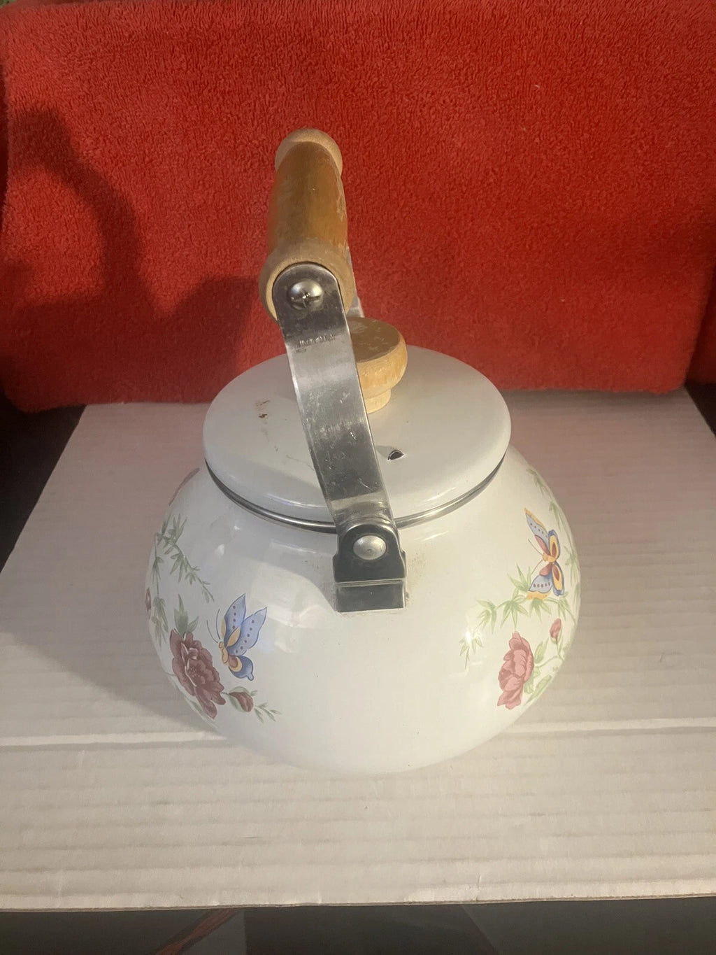 VTG Enamel White Tea Pot Kettle Wood Handle Spring Flowers & Butterflies DWK | eBay