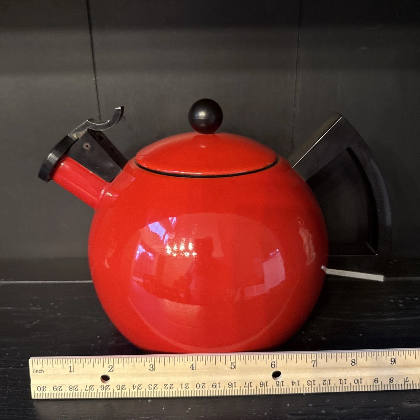 Vintage Red Enamel Tea Kettle Copco Tea Pot Black Handle MCM