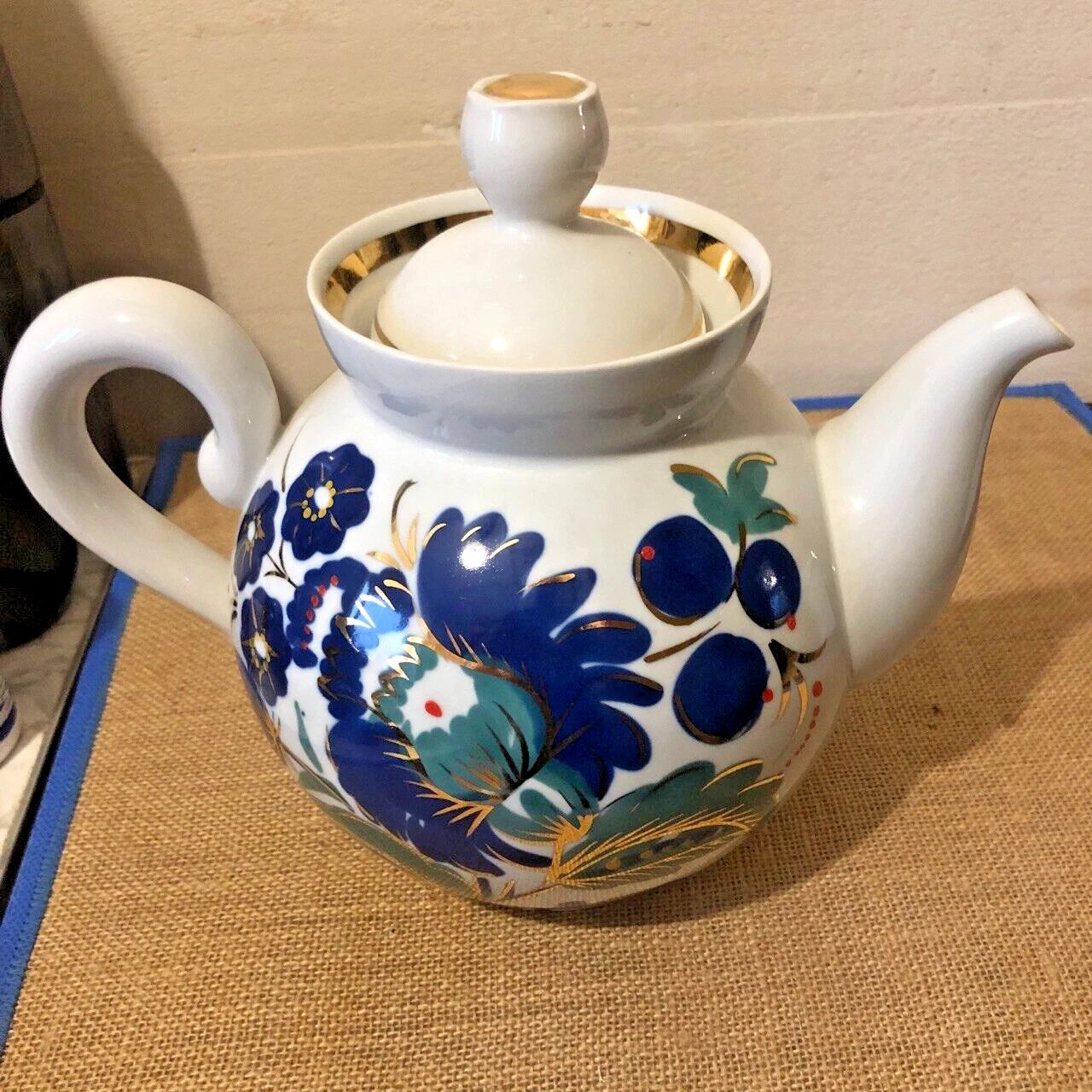 Vintage Gorodnitsa Russian USSR Ceramic Porcelain Teapot Floral Gold Enamel
