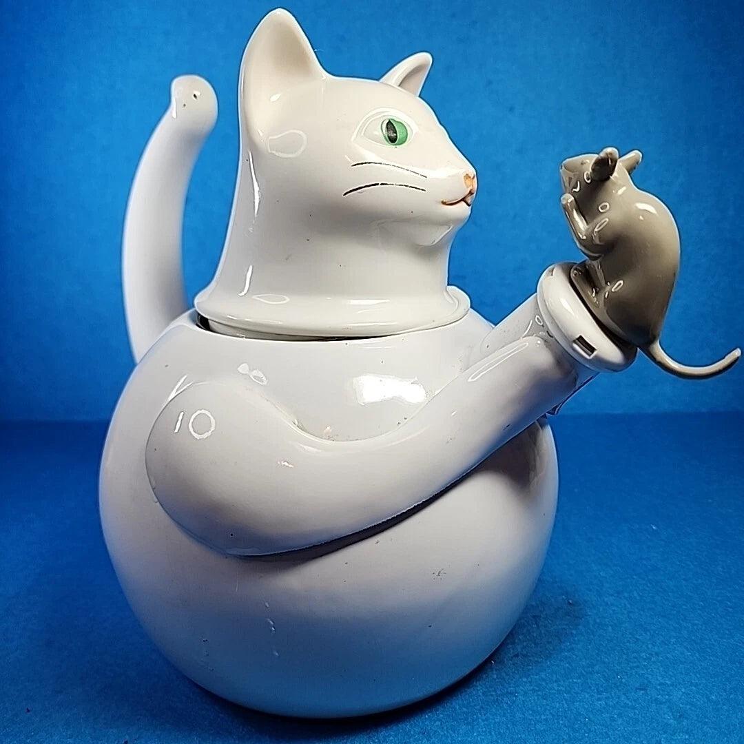Vtg Enamelware Teapot Cat Mouse Whistling Tea Kettle White Tail Handle Enamel | eBay