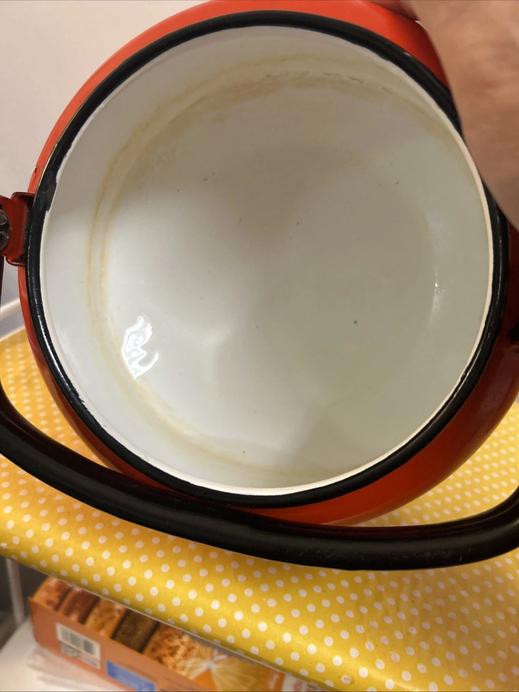 Vintage Orange Black Enamelware Tea Pot Kettle Mod Kitchen Retro 2.5QtPoland MCM