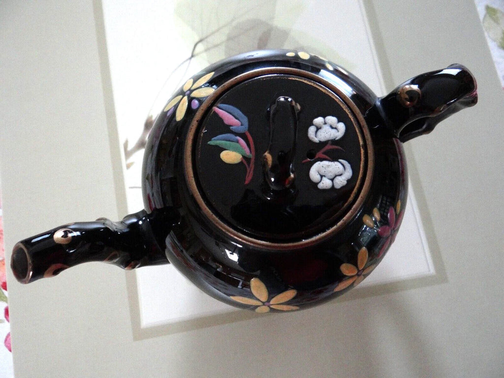 Vintage Black Tea Pot Hand Painted Enameled Flowers England Red Clay | eBay