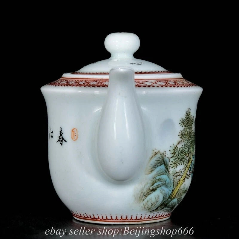 6" Old Chinese Enamel Porcelain Dynasty Landscape Mountain Tree Tea Pot Kettle