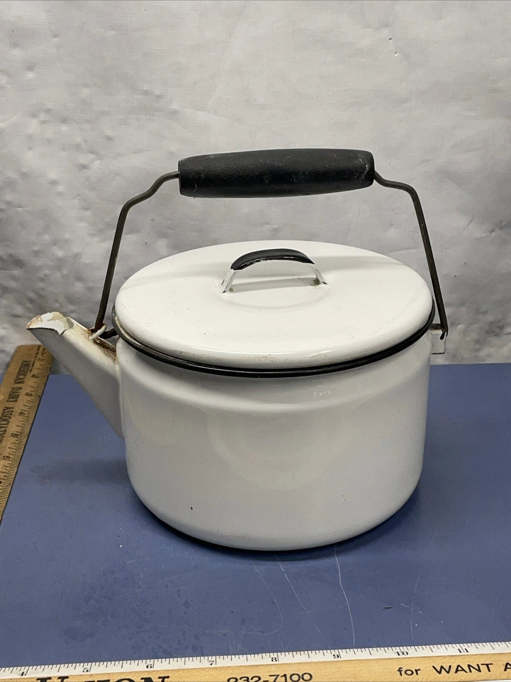 Vintage Enamel Wood Handle Tea Pot/Tea Kettle in White with Black | eBay