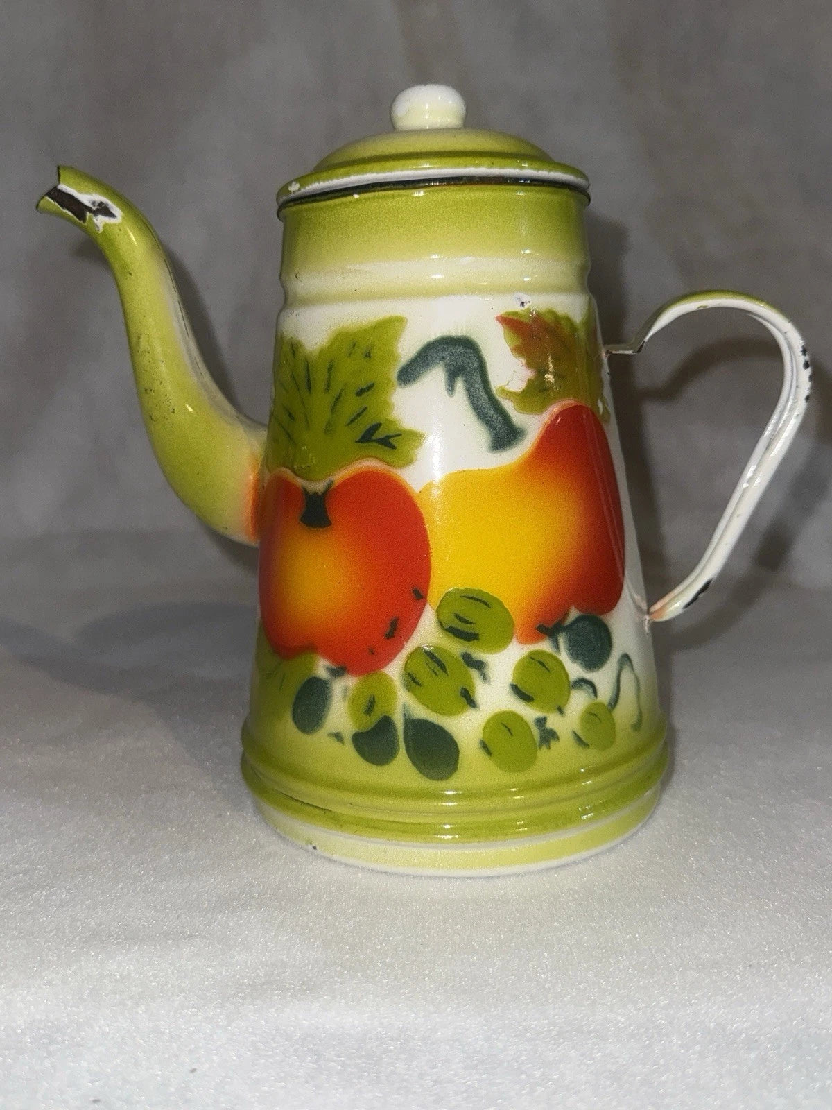 Vintage Enamel Ware Harvest Fruit Design Teapot and 6 Cups